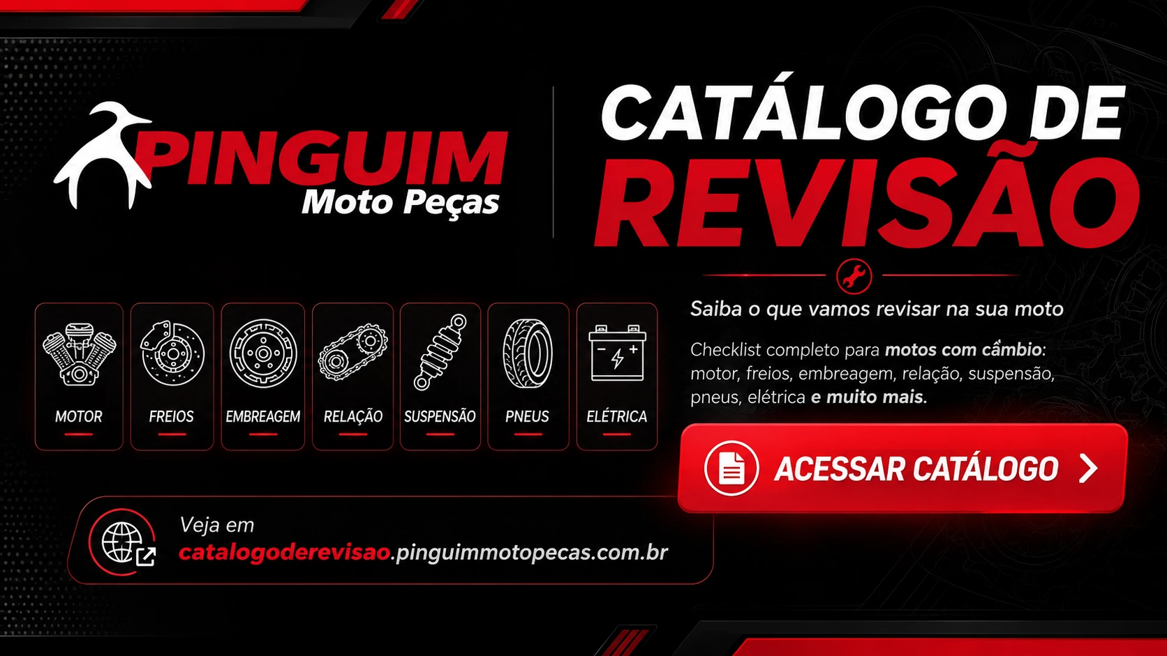 Banner do catálogo de revisão da Pinguim Moto Peças